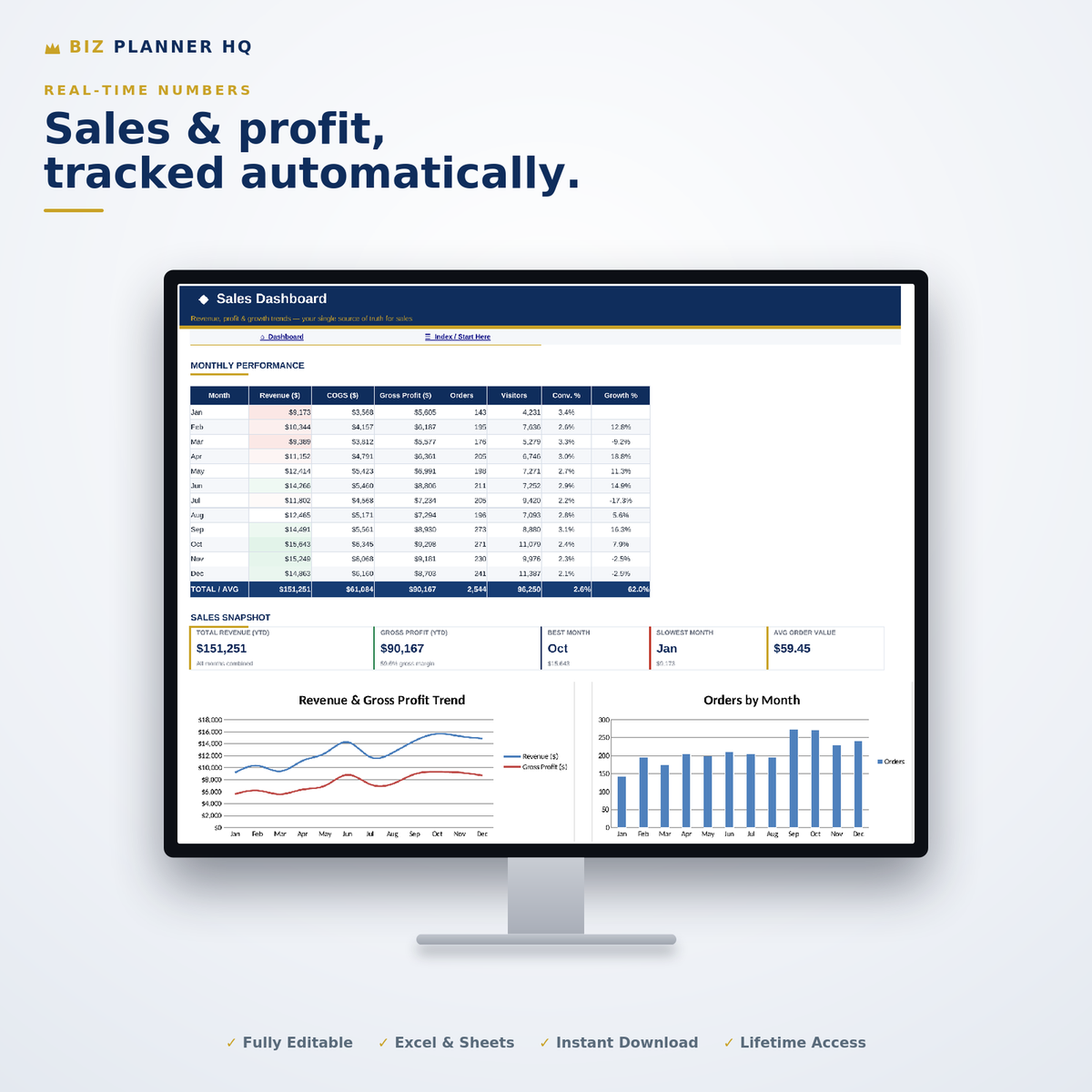 Sales tracking sheet of the Shopify Store Management Dashboard on a monitor