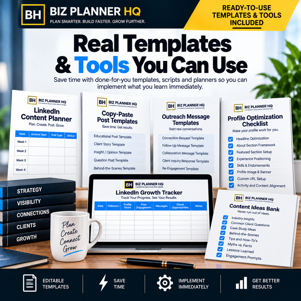 Real templates included in the LinkedIn Growth Playbook — content planner, outreach templates and growth tracker