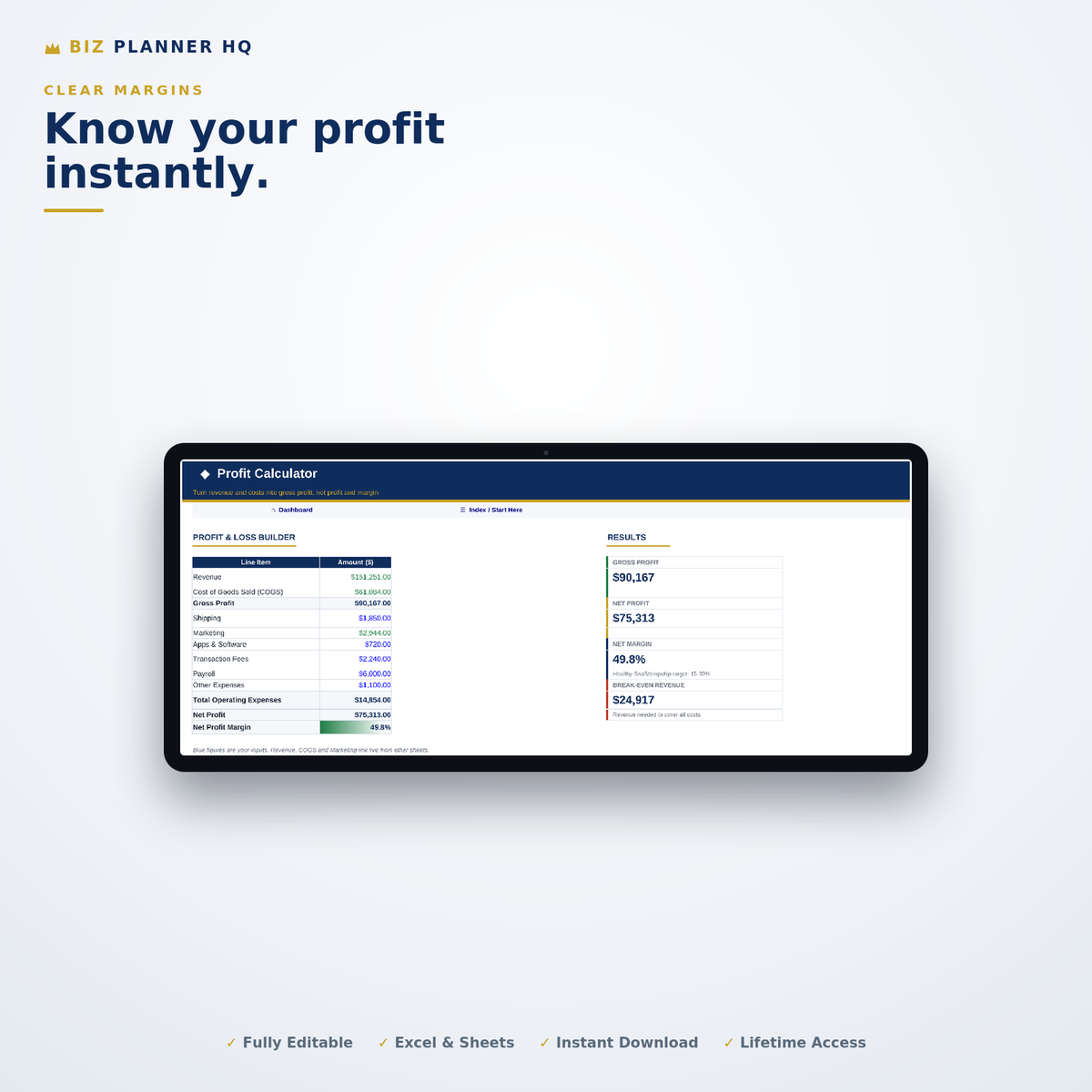 Profit tracking sheet of the Shopify Store Management Dashboard shown on a tablet