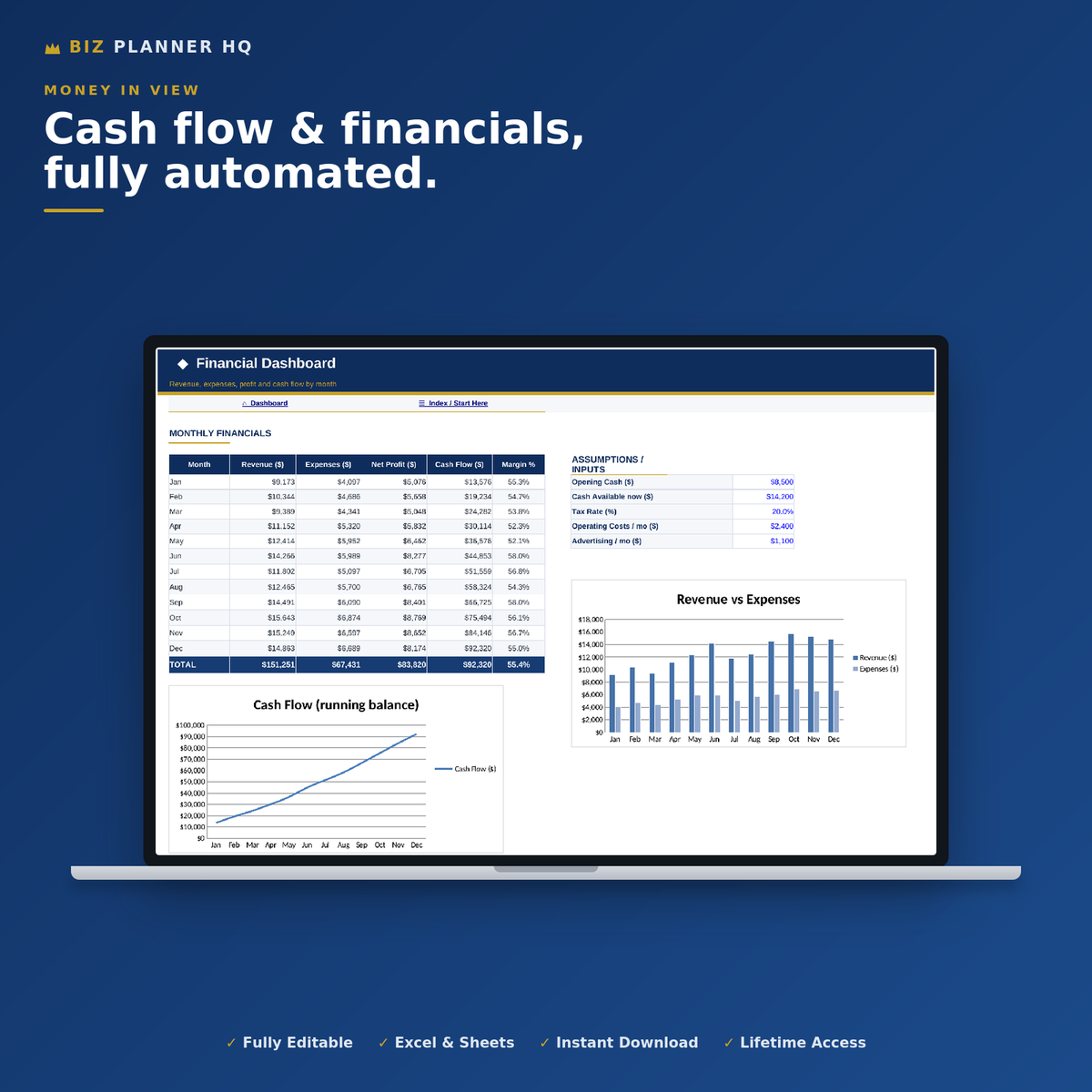 Financial overview sheet of the Shopify Store Management Dashboard on a laptop