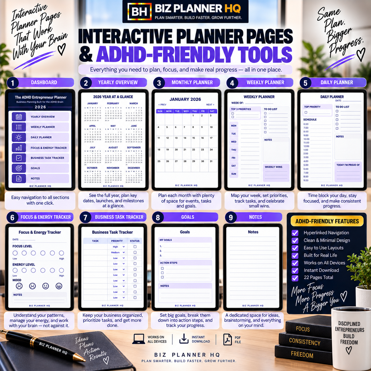 The ADHD Entrepreneur Planner 2026 (Hyperlinked GoodNotes & iPad Planner)