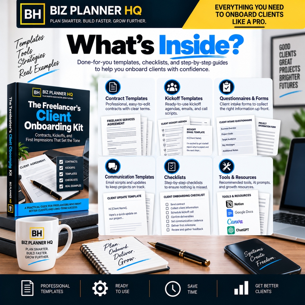 What's inside The Freelancer's Client Onboarding Kit — contract templates, kickoff templates and client checklists