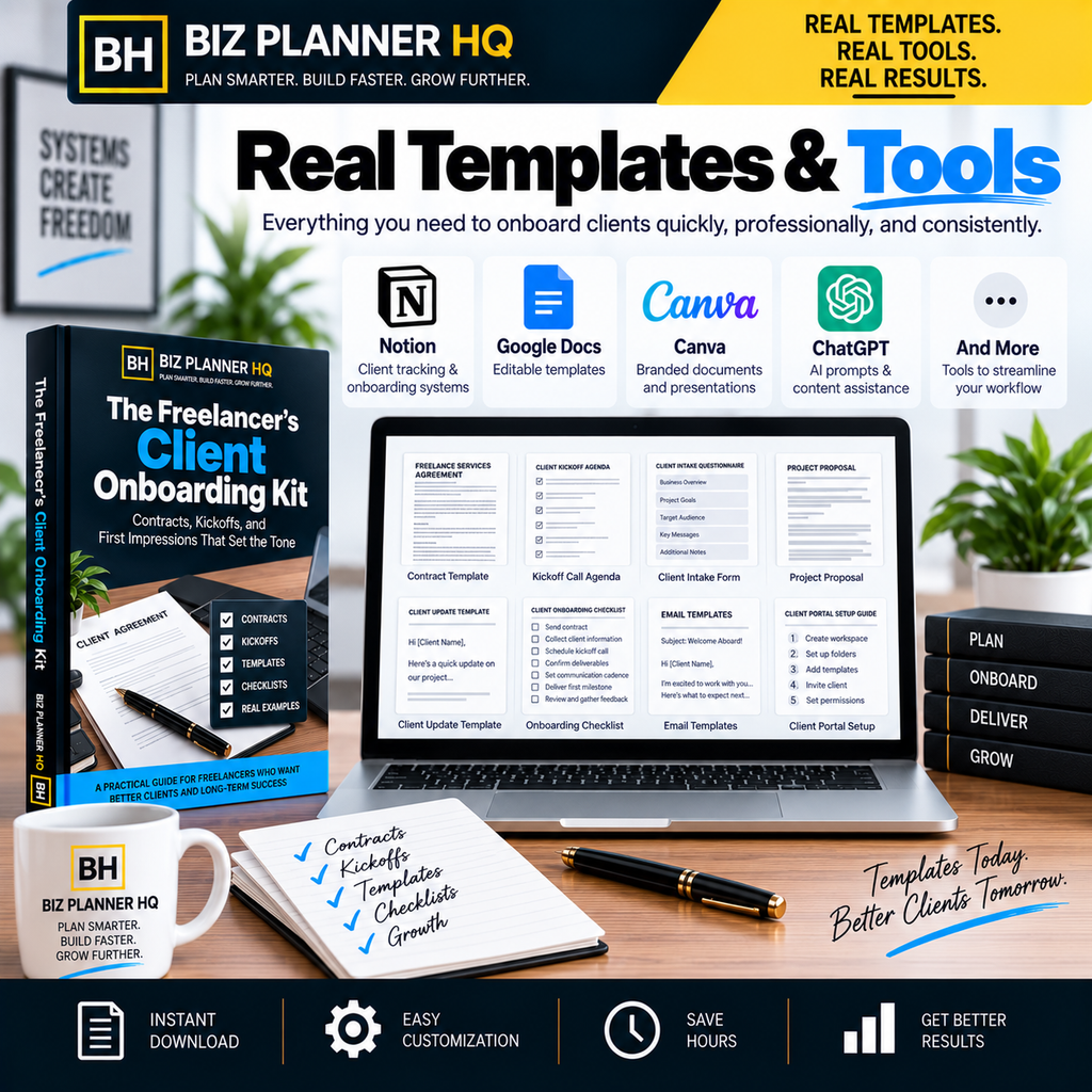 Real templates included in The Freelancer's Client Onboarding Kit — Notion, Google Docs, Canva and ChatGPT resources