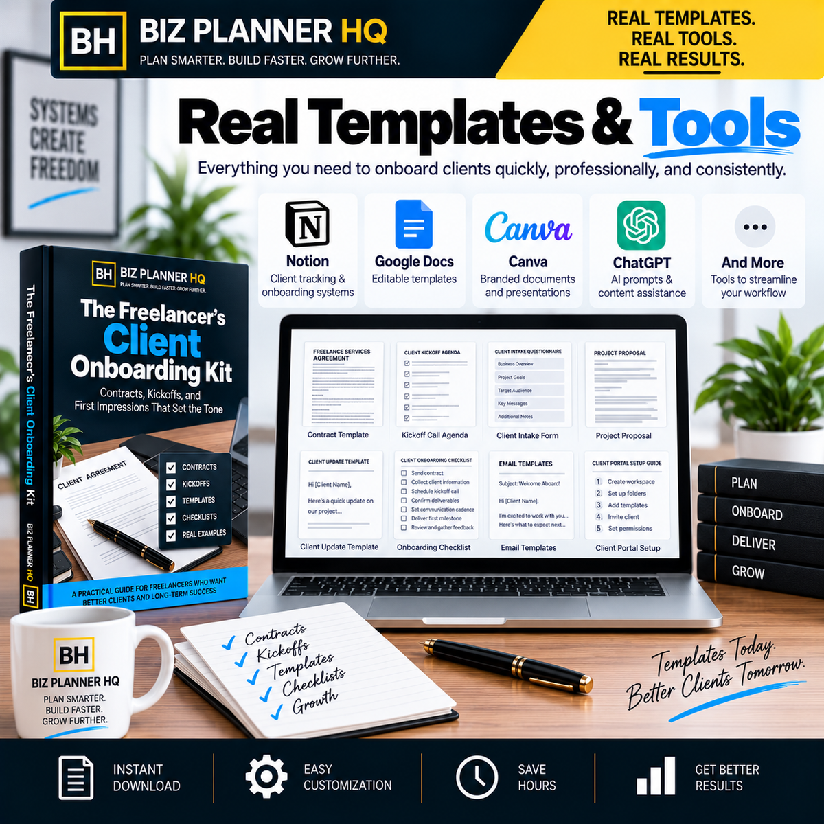 Real templates included in The Freelancer's Client Onboarding Kit — Notion, Google Docs, Canva and ChatGPT resources