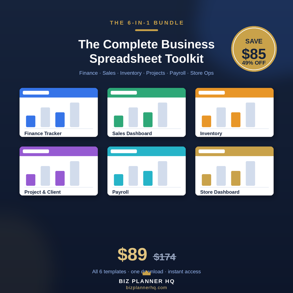 The Complete Business Spreadsheet Toolkit — all 6 Excel and Google Sheets templates bundle