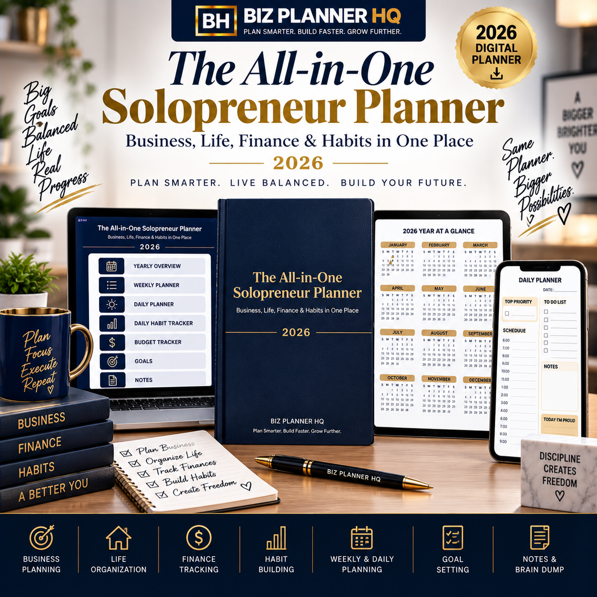 The All-in-One Solopreneur Planner 2026 (Hyperlinked GoodNotes & iPad Planner)