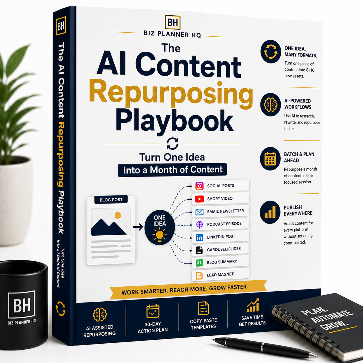 The AI Content Repurposing Playbook eBook cover — turn one idea into a month of content