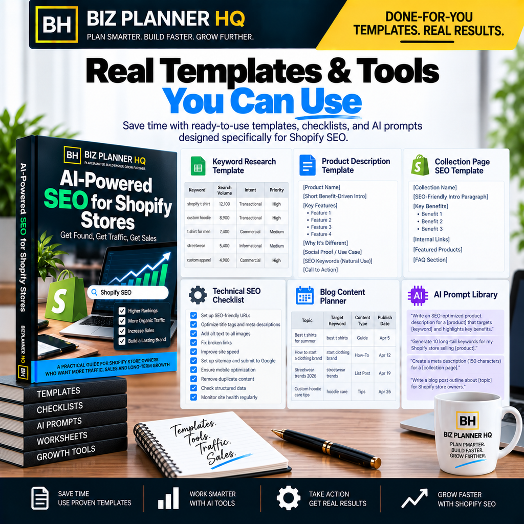 Real templates and tools included in AI-Powered SEO for Shopify Stores — keyword research, product description and technical SEO checklist templates