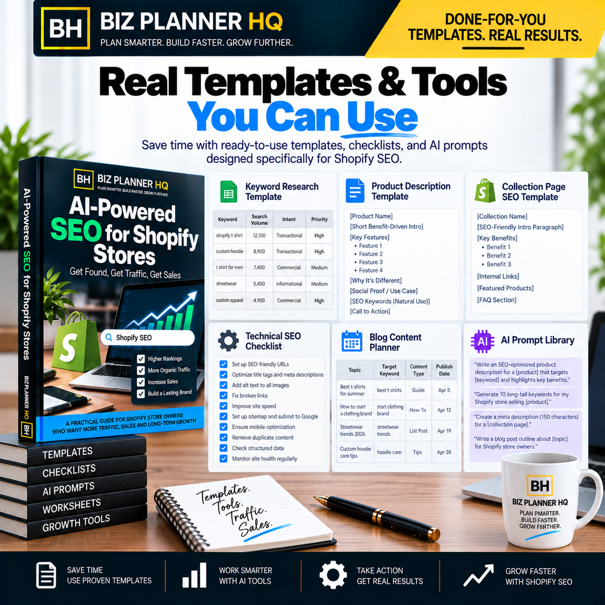 Real templates and tools included in AI-Powered SEO for Shopify Stores — keyword research, product description and technical SEO checklist templates