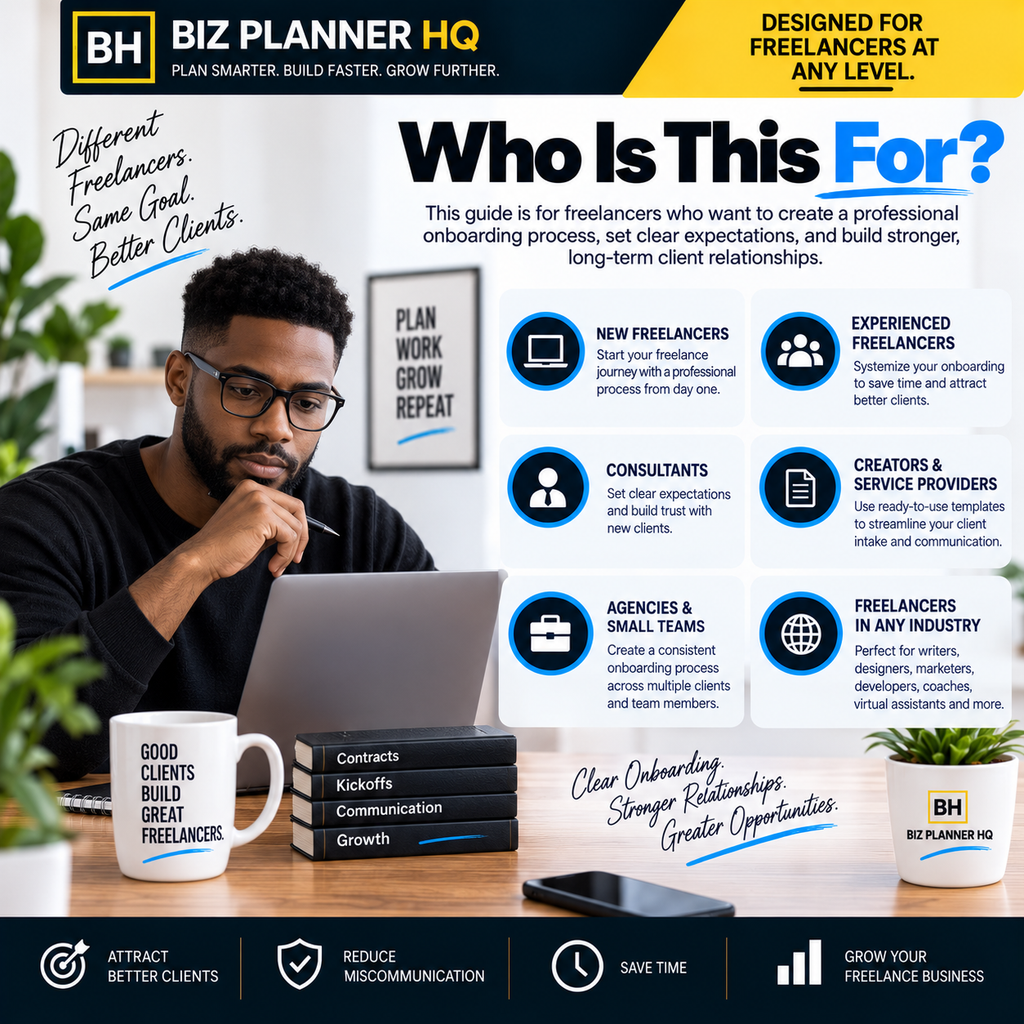 Who The Freelancer's Client Onboarding Kit is for — new and experienced freelancers, consultants and agencies