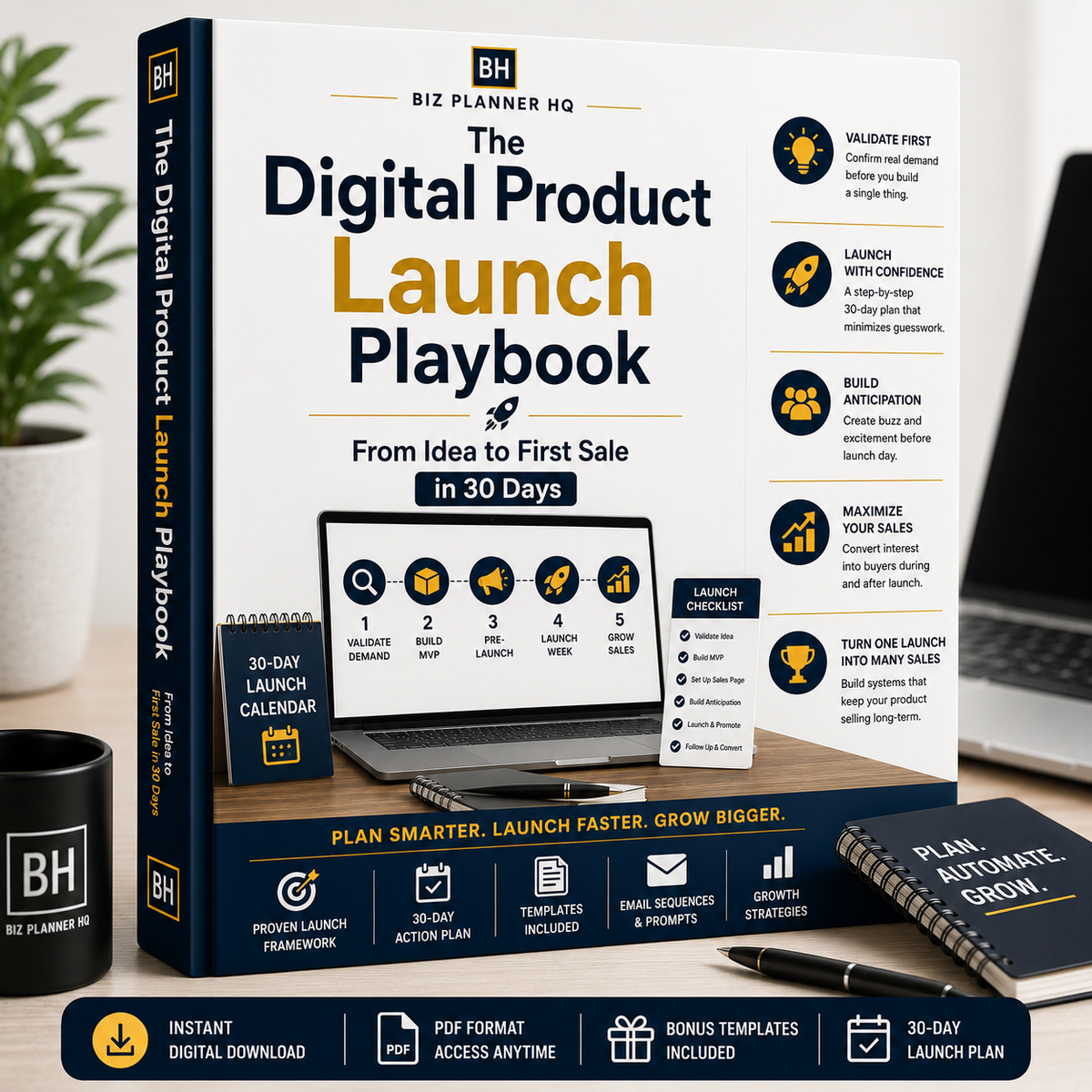 The Digital Product Launch Playbook eBook cover — from idea to first sale in 30 days