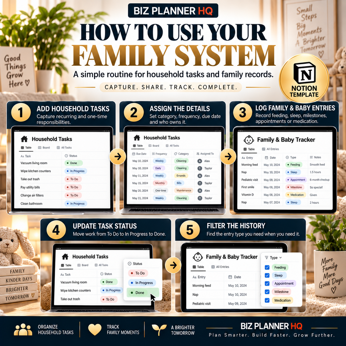 The New Parent and Household Notion System family and baby tracker preview