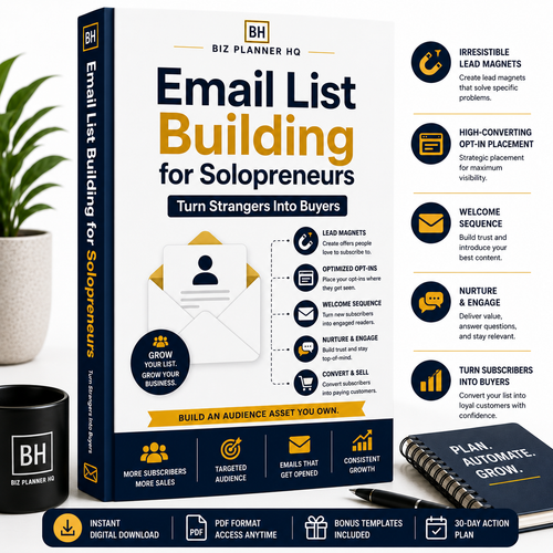 Email List Building for Solopreneurs eBook cover — turn strangers into buyers