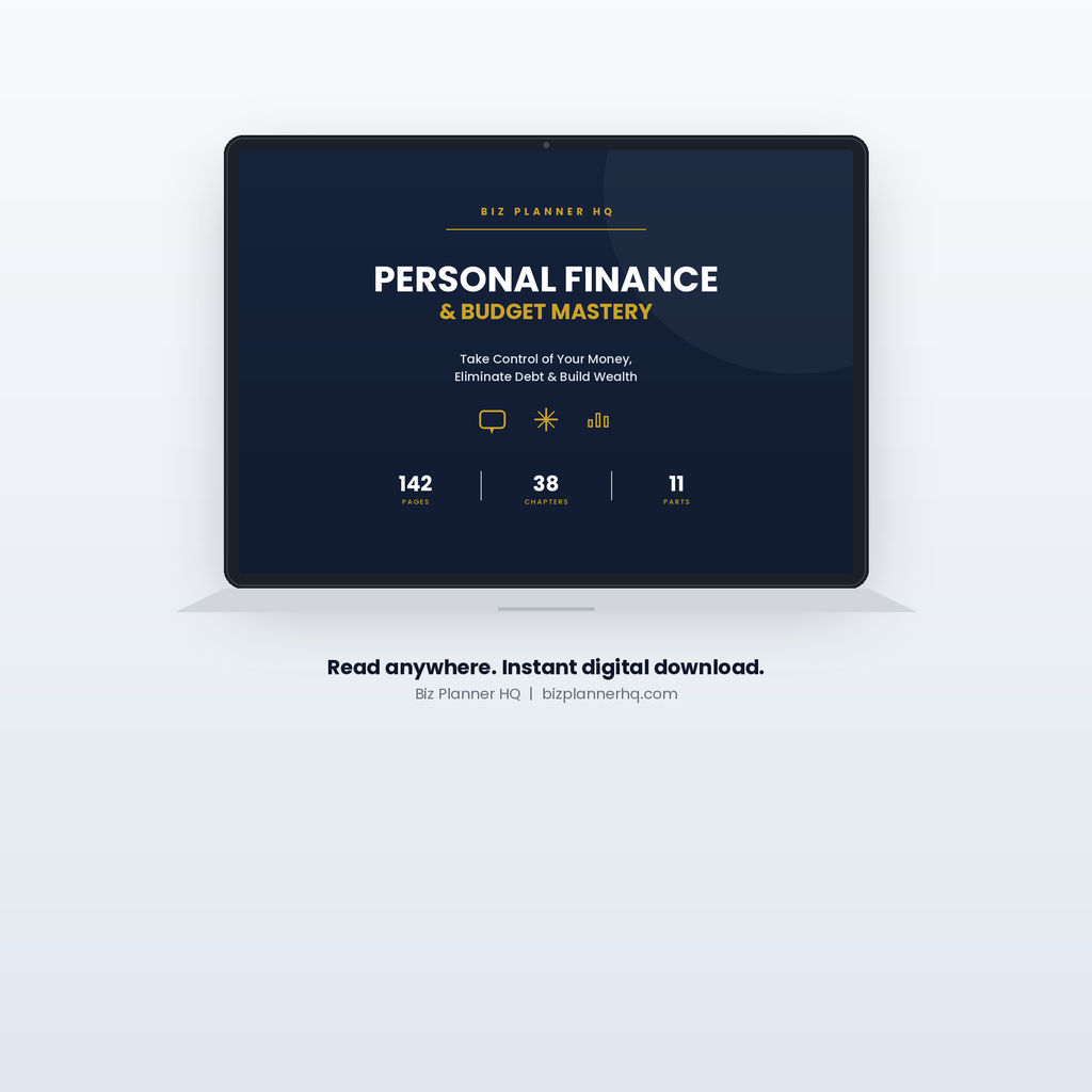 Personal Finance & Budget Mastery Workbook shown on laptop — 142-page finance workbook