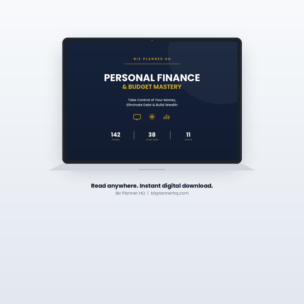 Personal Finance & Budget Mastery Workbook shown on laptop — 142-page finance workbook