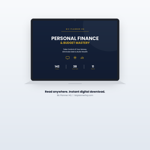 Personal Finance & Budget Mastery Workbook shown on laptop — 142-page finance workbook