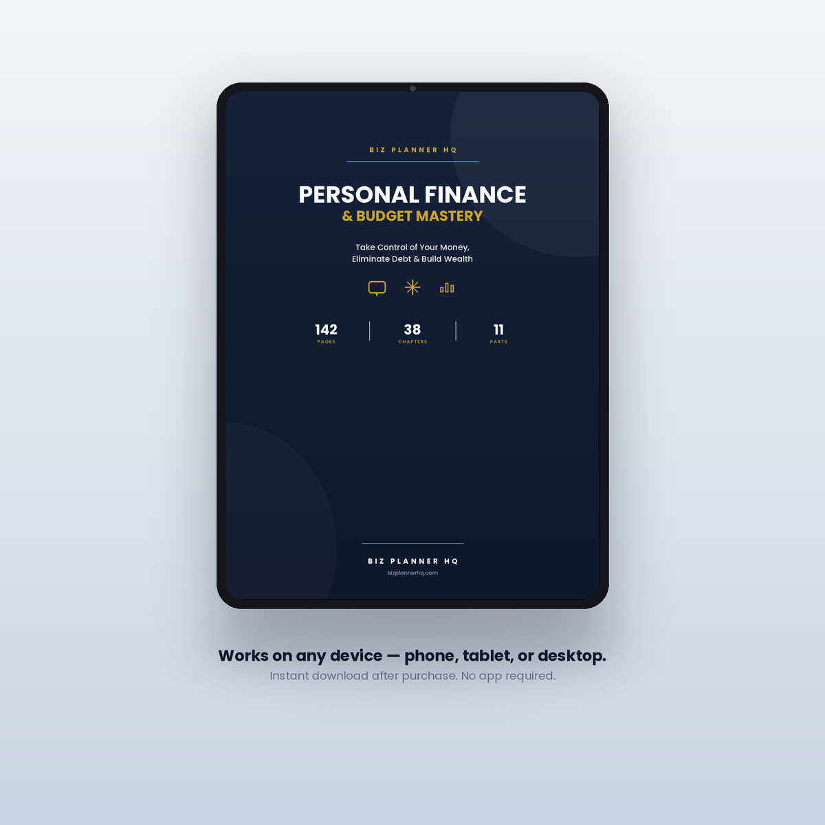 Budget Mastery Workbook on tablet — budgeting, debt payoff and savings templates