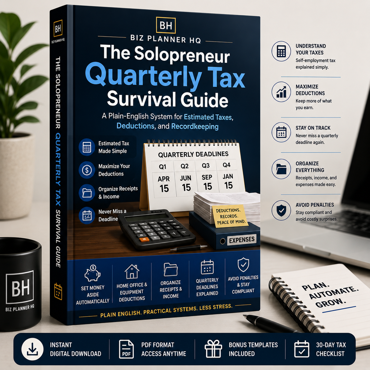 The Solopreneur Quarterly Tax Survival Guide eBook cover — estimated taxes, deductions and recordkeeping