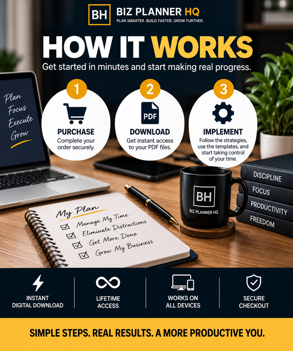 How it works — purchase, download and implement The Solopreneur's Time Management Playbook