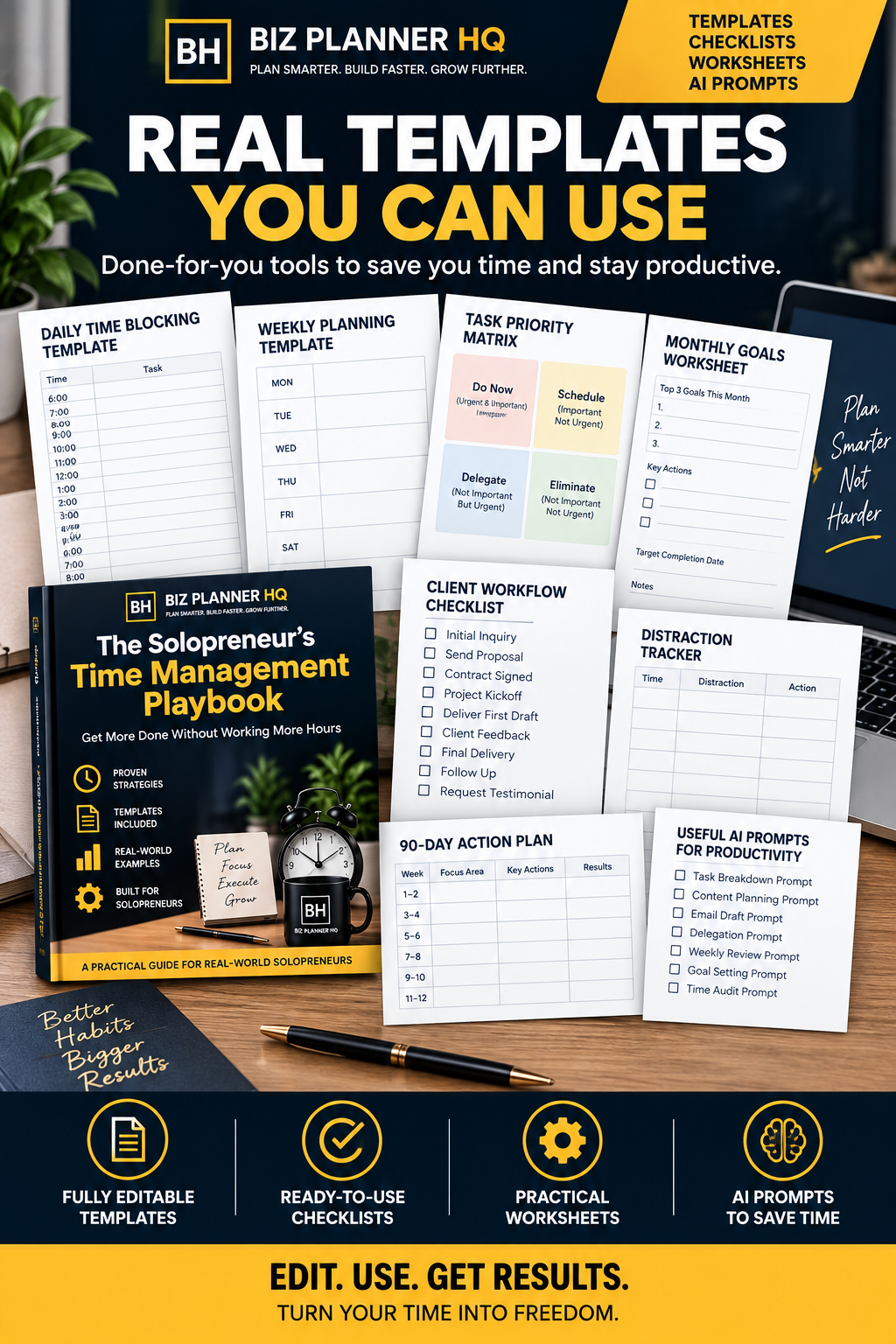 Real templates included in The Solopreneur's Time Management Playbook — time blocking, task priority matrix and 90-day action plan