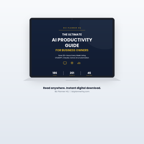 The Ultimate AI Productivity Guide shown on laptop — ChatGPT and Claude business eBook