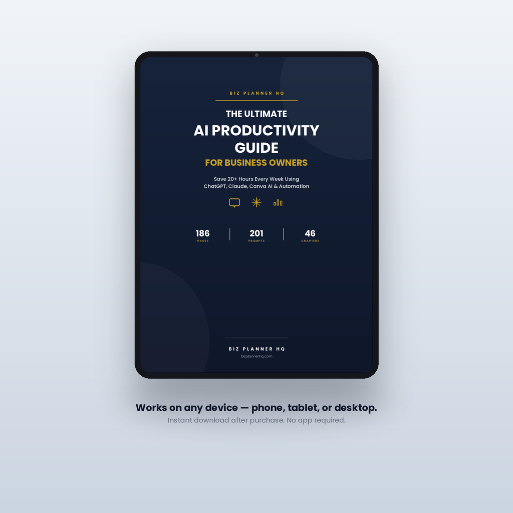 AI Productivity Guide on tablet — 201 AI prompts for business owners