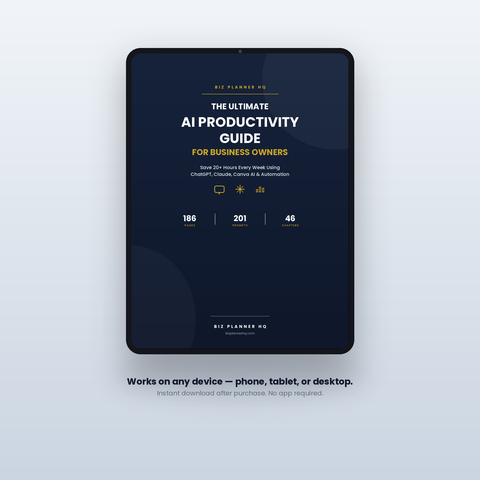 AI Productivity Guide on tablet — 201 AI prompts for business owners