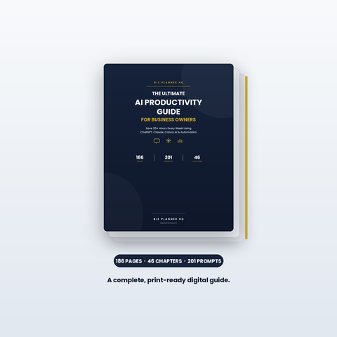 Stacked pages from The Ultimate AI Productivity Guide showing AI prompt examples