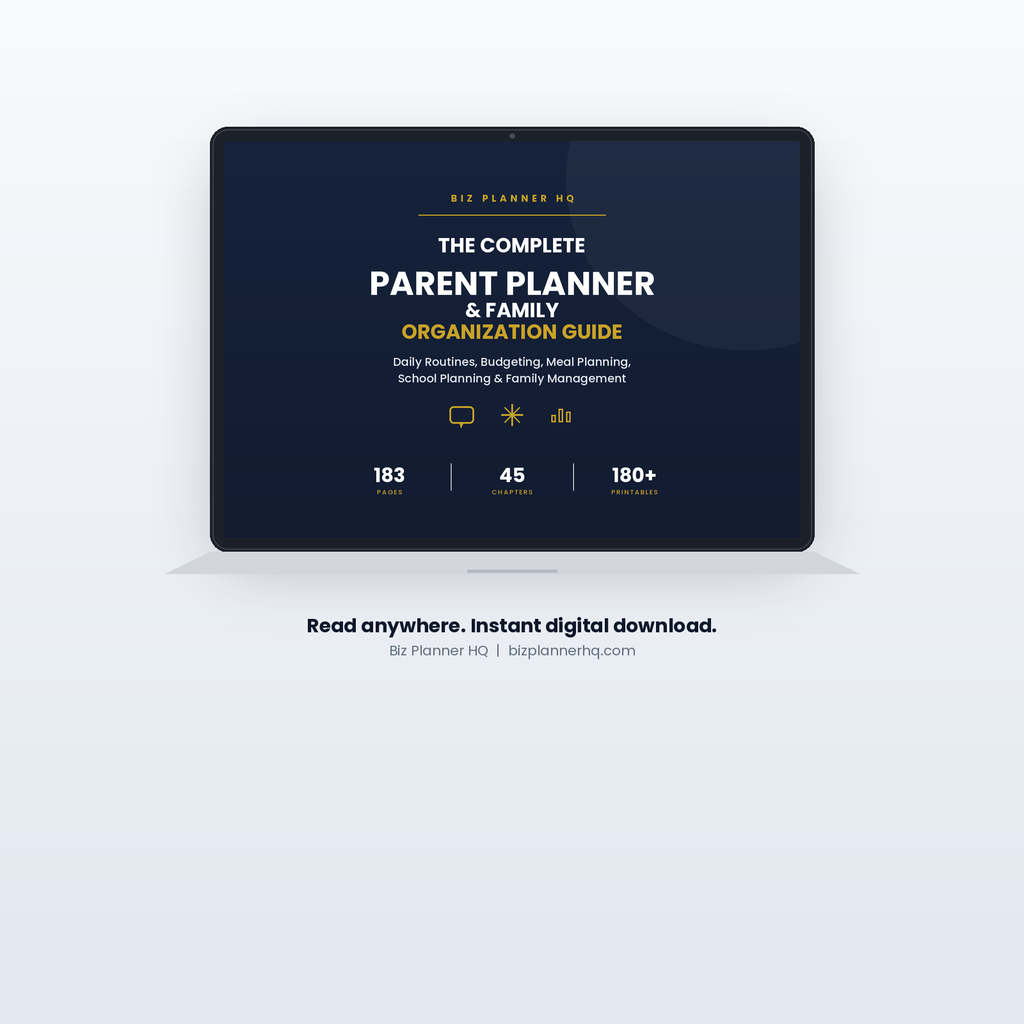 The Complete Parent Planner shown on laptop — family organization guide with 180+ printables