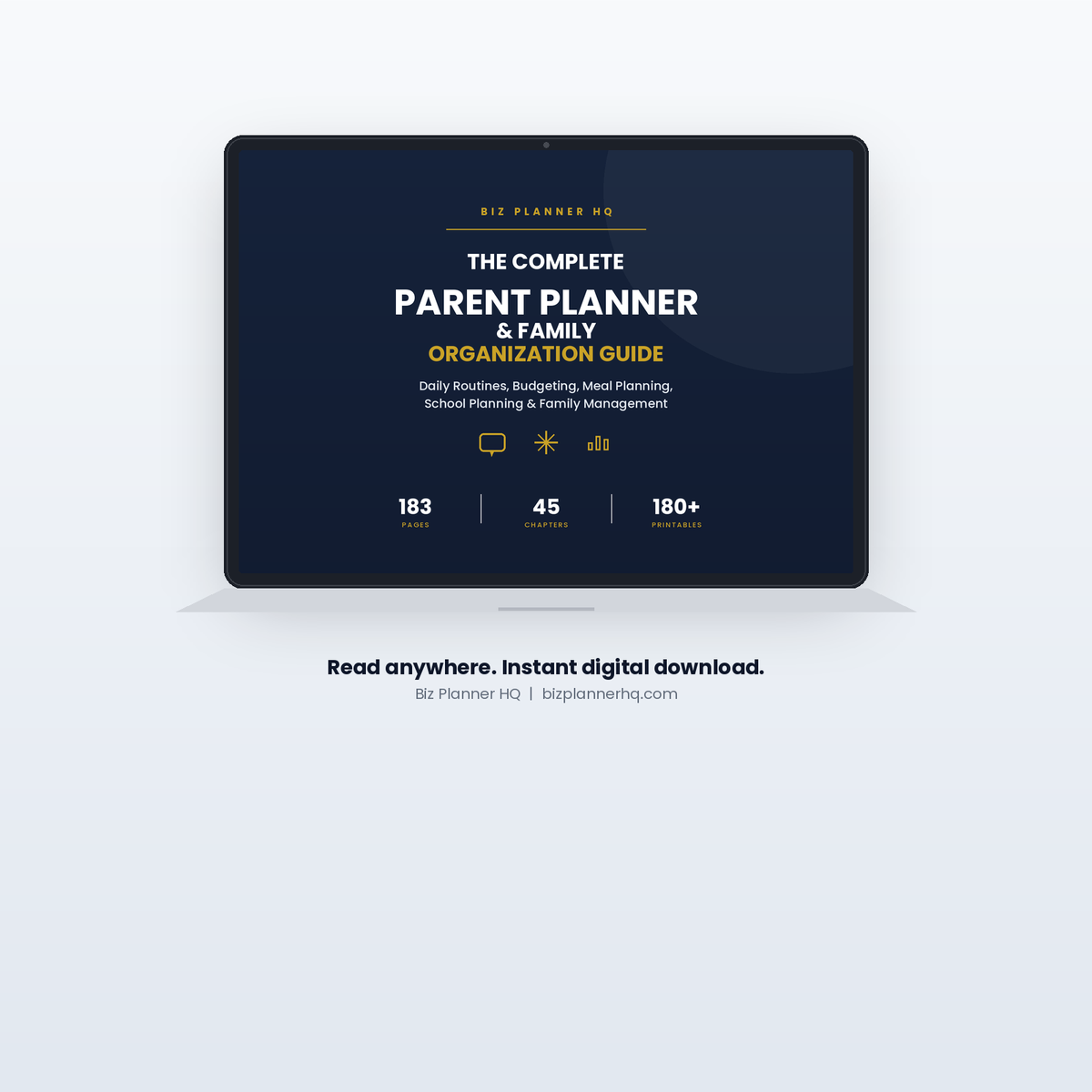 The Complete Parent Planner shown on laptop — family organization guide with 180+ printables
