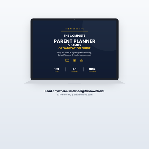 The Complete Parent Planner shown on laptop — family organization guide with 180+ printables