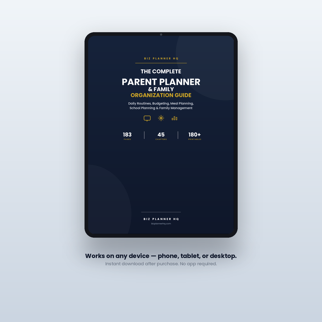 Parent Planner on tablet — meal planning, budgeting and school organization printables