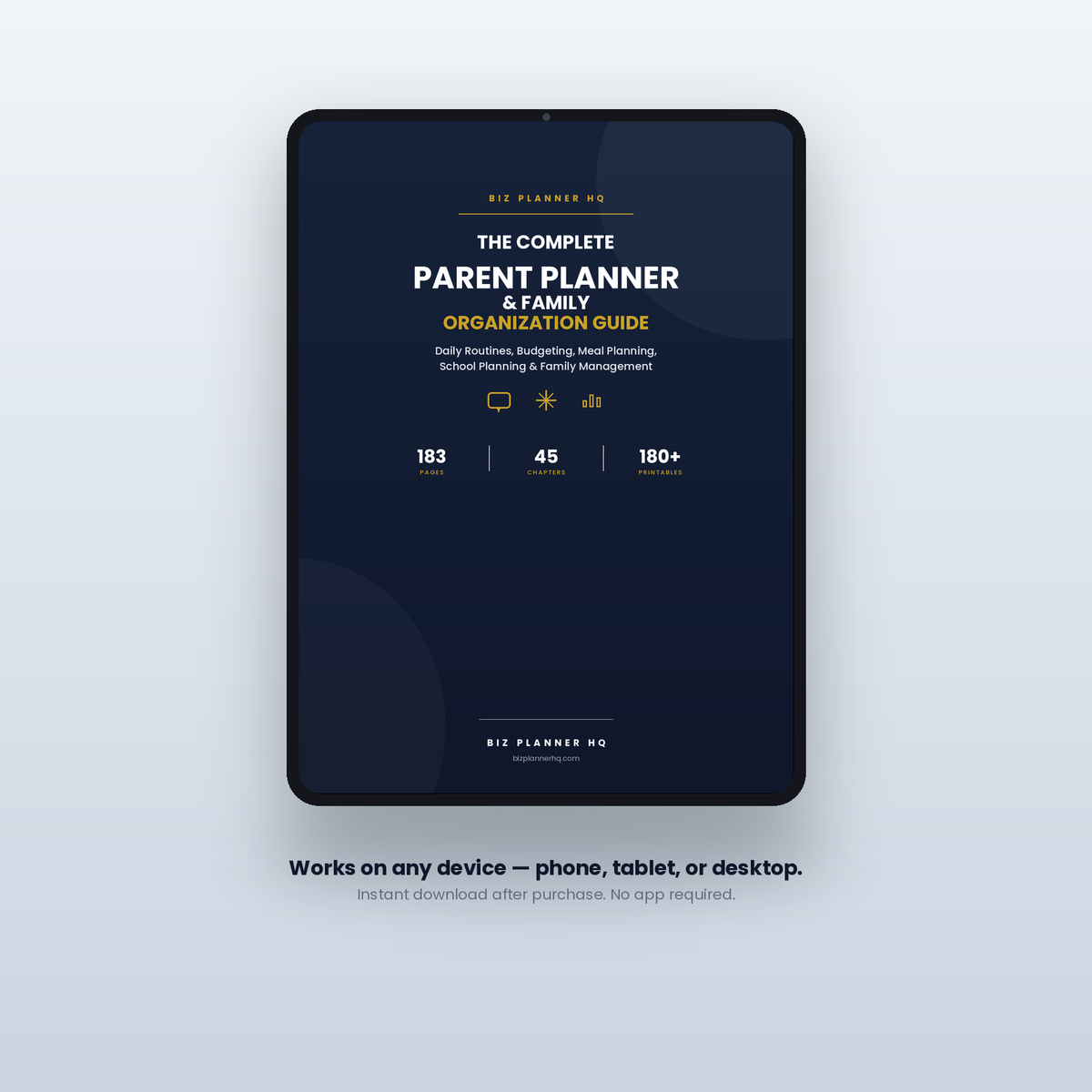 Parent Planner on tablet — meal planning, budgeting and school organization printables