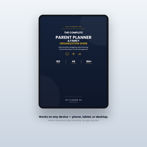 Parent Planner on tablet — meal planning, budgeting and school organization printables