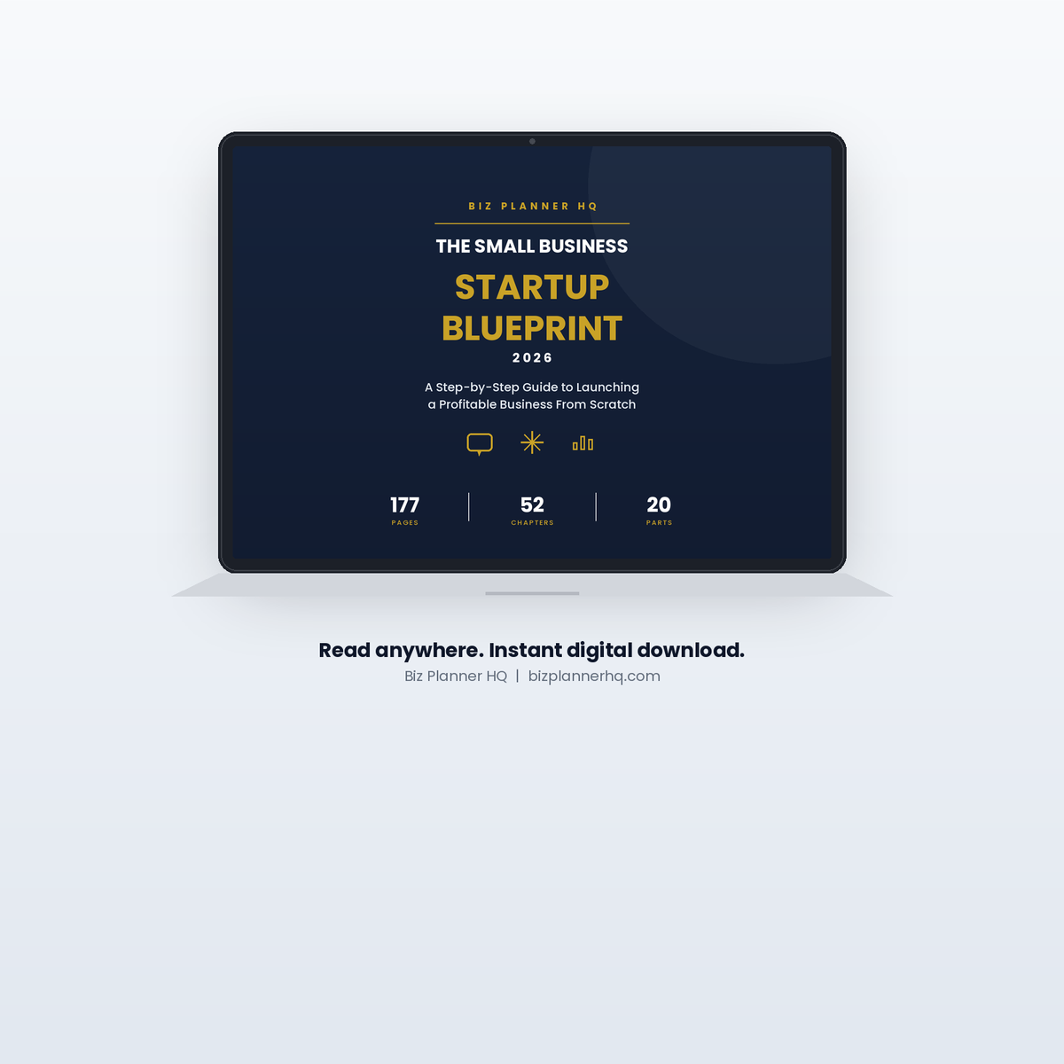 The Small Business Startup Blueprint 2026 Complete Edition shown on laptop — 177-page startup guide