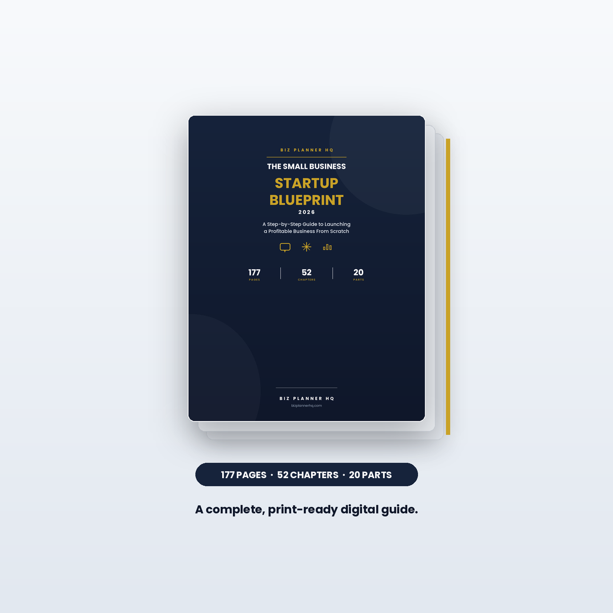 Stacked pages from the Small Business Startup Blueprint showing 15 included templates