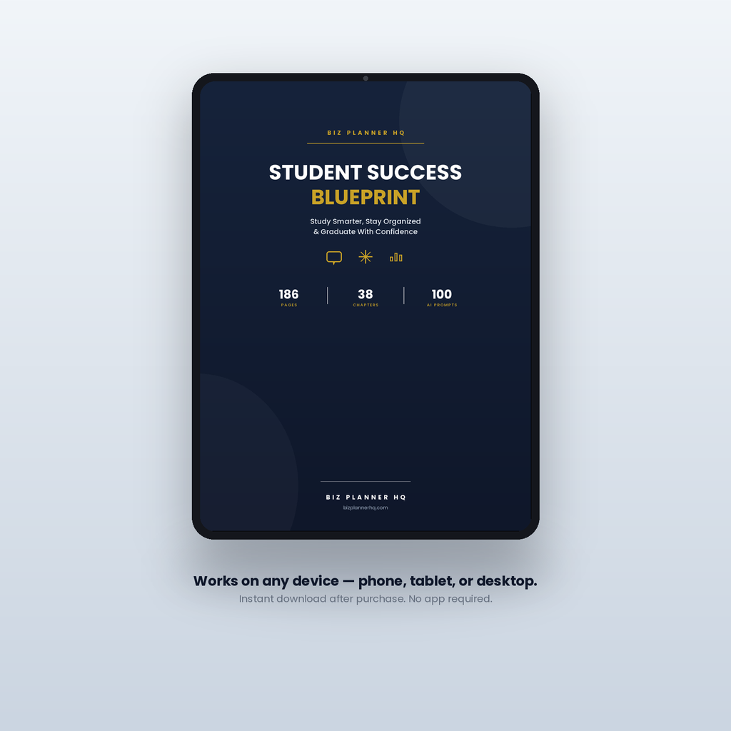 Student Success Blueprint on tablet — study skills and time management workbook