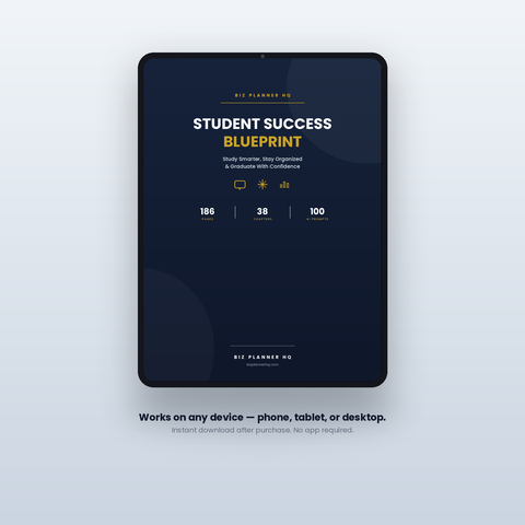 Student Success Blueprint on tablet — study skills and time management workbook