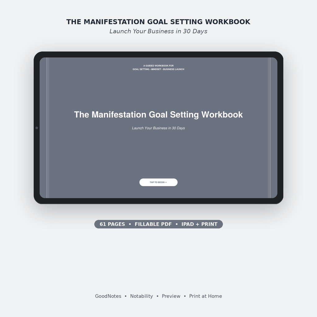 The Manifestation Goal Setting Workbook cover shown on an iPad — 30-day business launch workbook