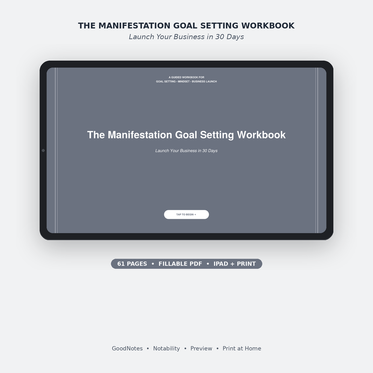 The Manifestation Goal Setting Workbook cover shown on an iPad — 30-day business launch workbook