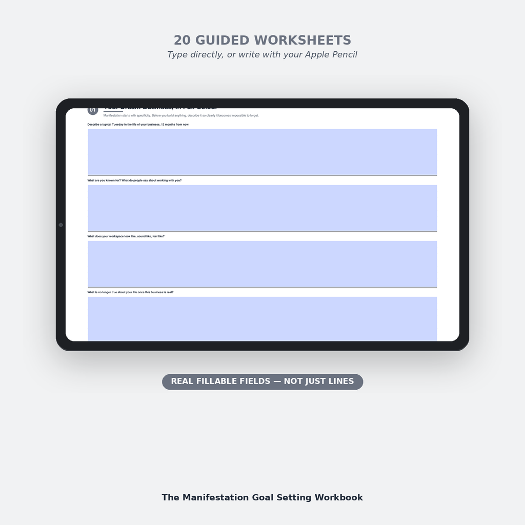 Interactive worksheet page from the Manifestation Goal Setting Workbook with fillable fields
