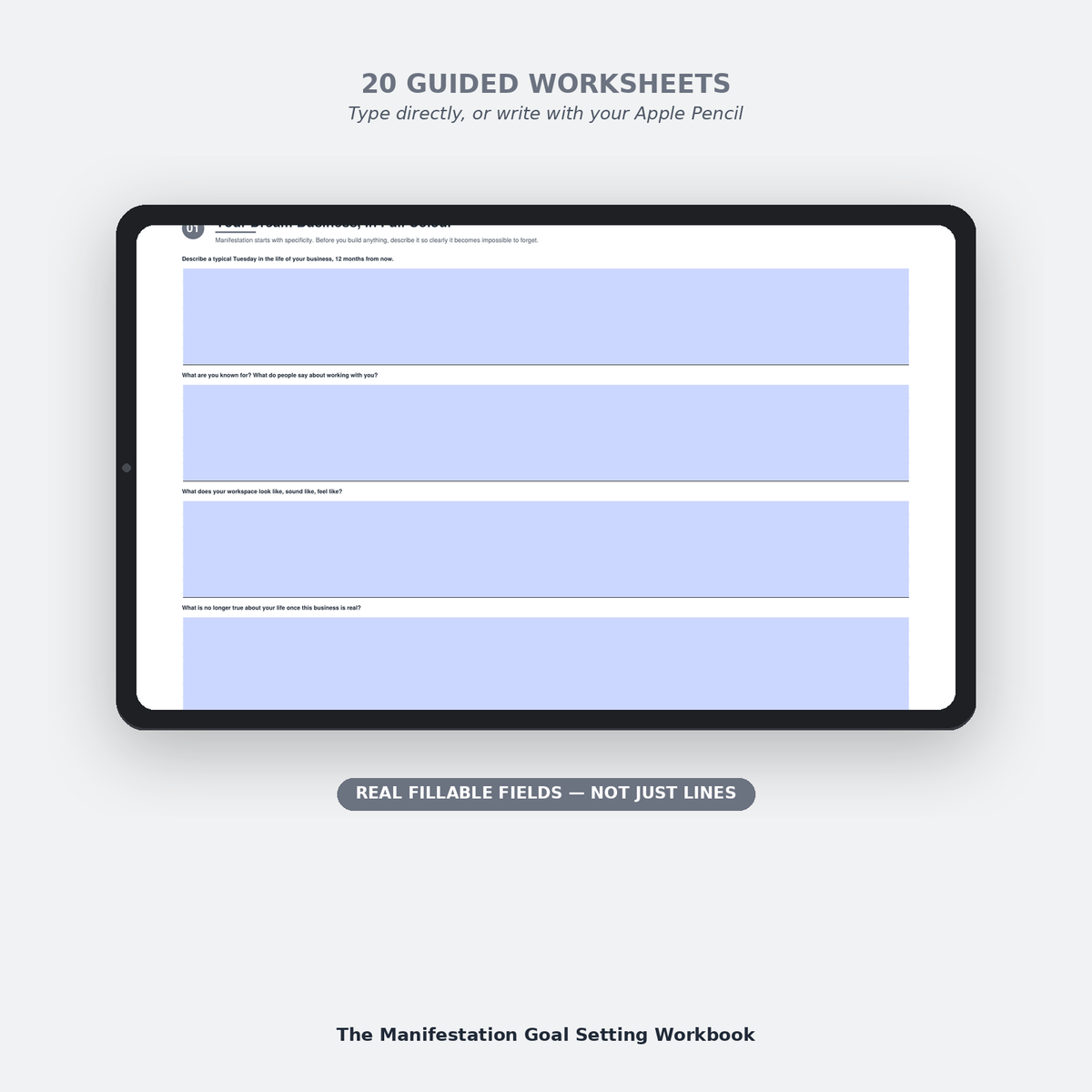 Interactive worksheet page from the Manifestation Goal Setting Workbook with fillable fields