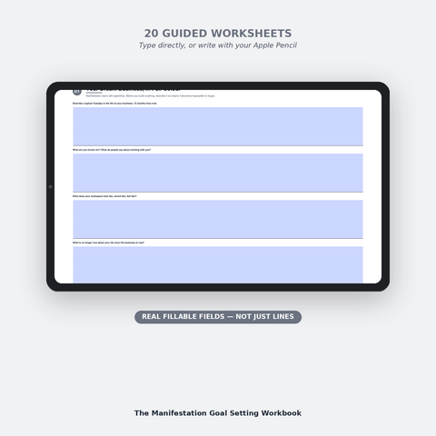 Interactive worksheet page from the Manifestation Goal Setting Workbook with fillable fields
