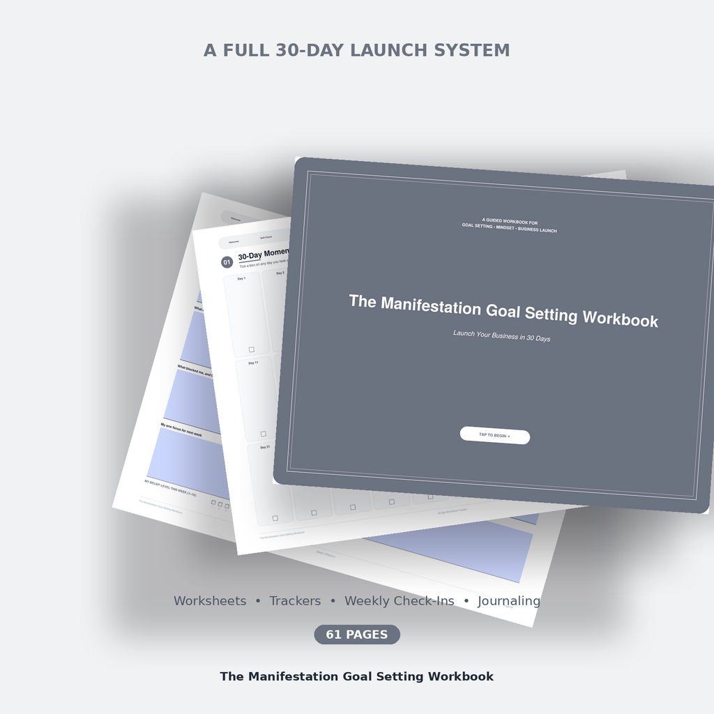 Flat lay of worksheet, tracker and cover pages from the Manifestation Goal Setting Workbook