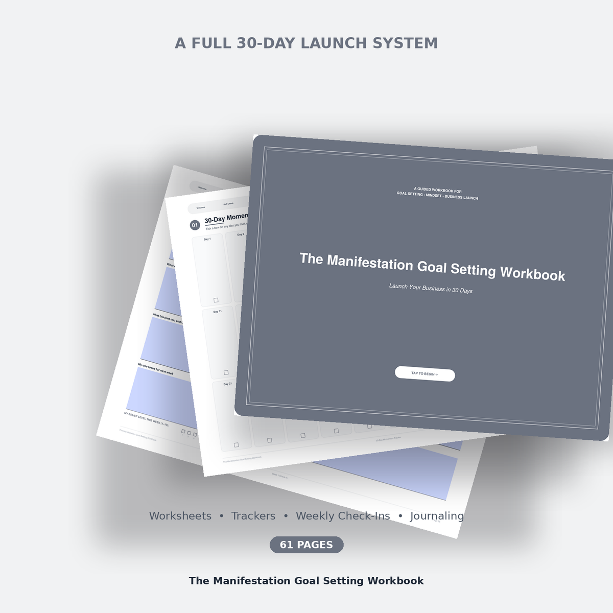 Flat lay of worksheet, tracker and cover pages from the Manifestation Goal Setting Workbook