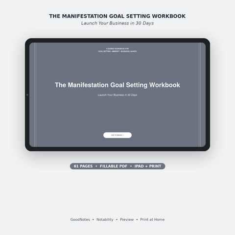 The Manifestation Goal Setting Workbook cover shown on an iPad — 30-day business launch workbook