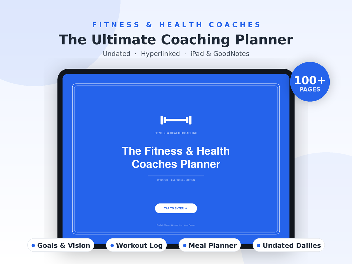Fitness & Health Coaches Planner shown on an iPad in GoodNotes
