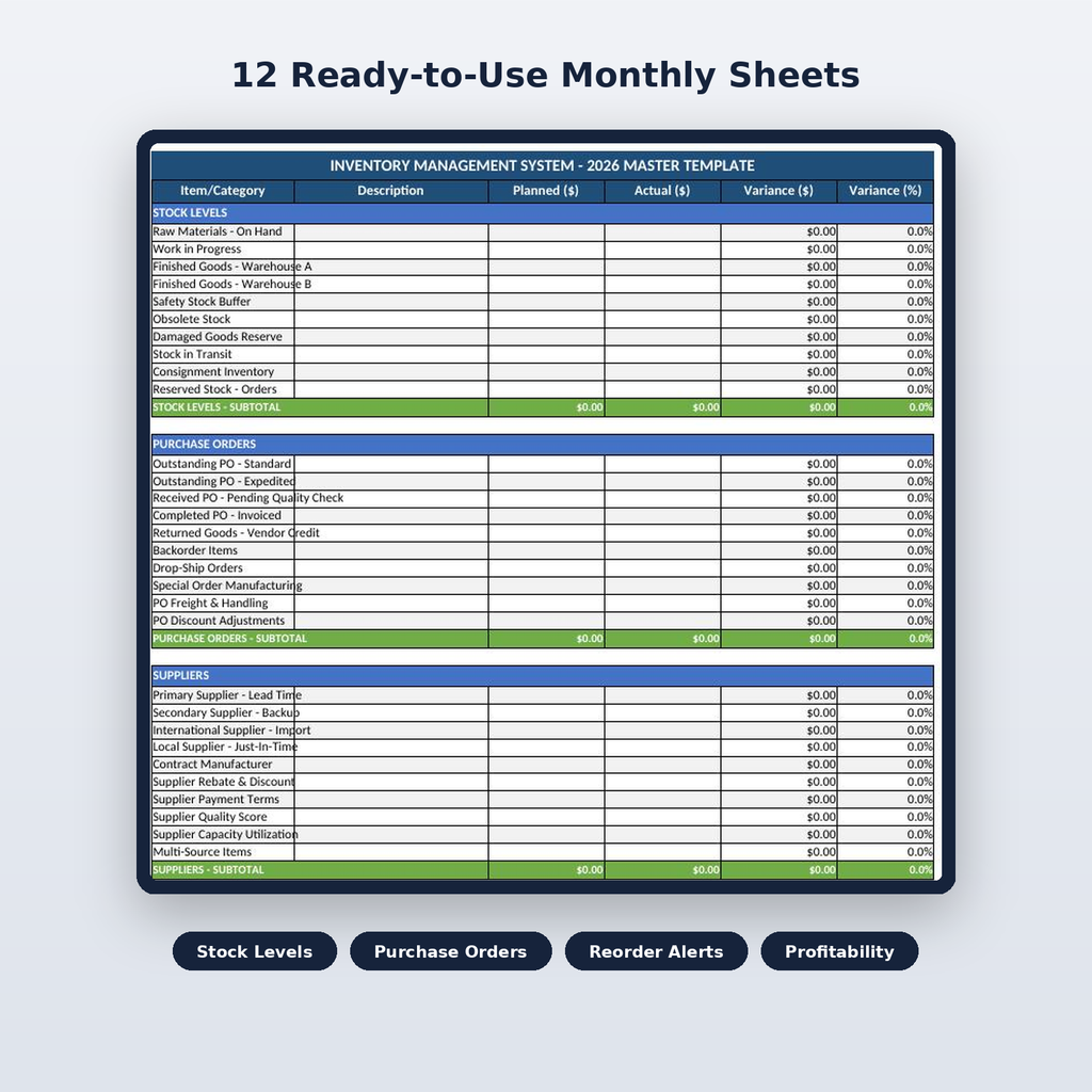 Stock levels, purchase orders and supplier tracking spreadsheet