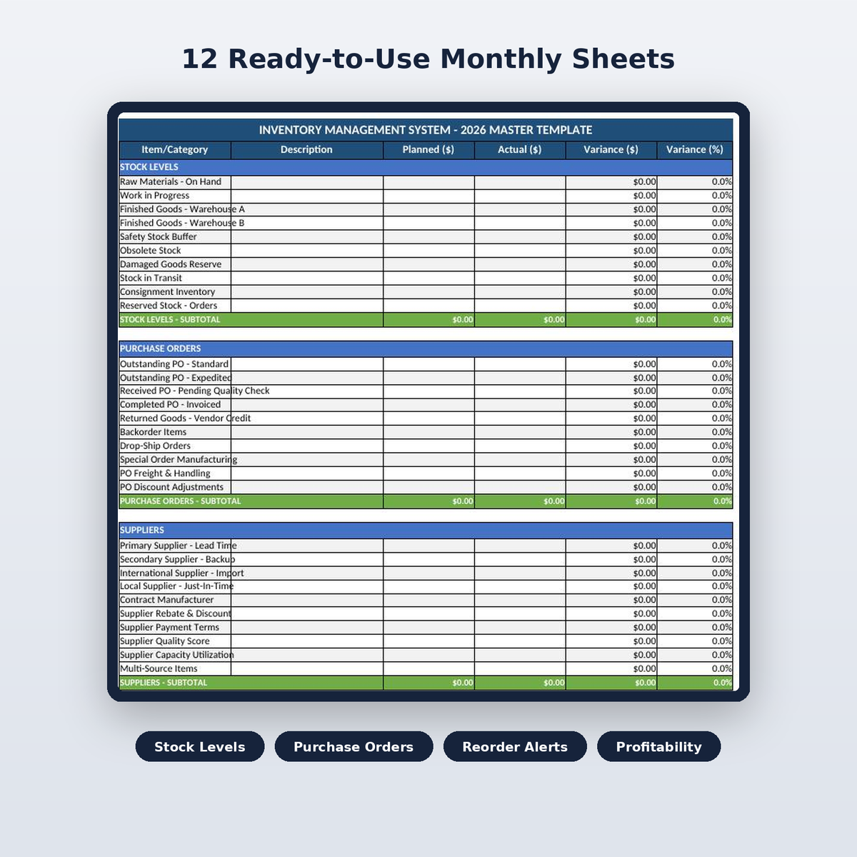Stock levels, purchase orders and supplier tracking spreadsheet