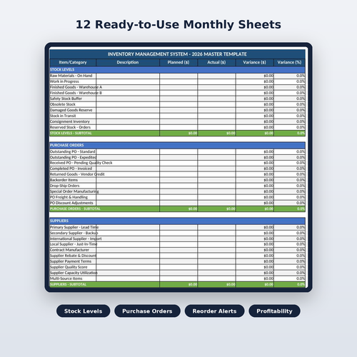 Stock levels, purchase orders and supplier tracking spreadsheet
